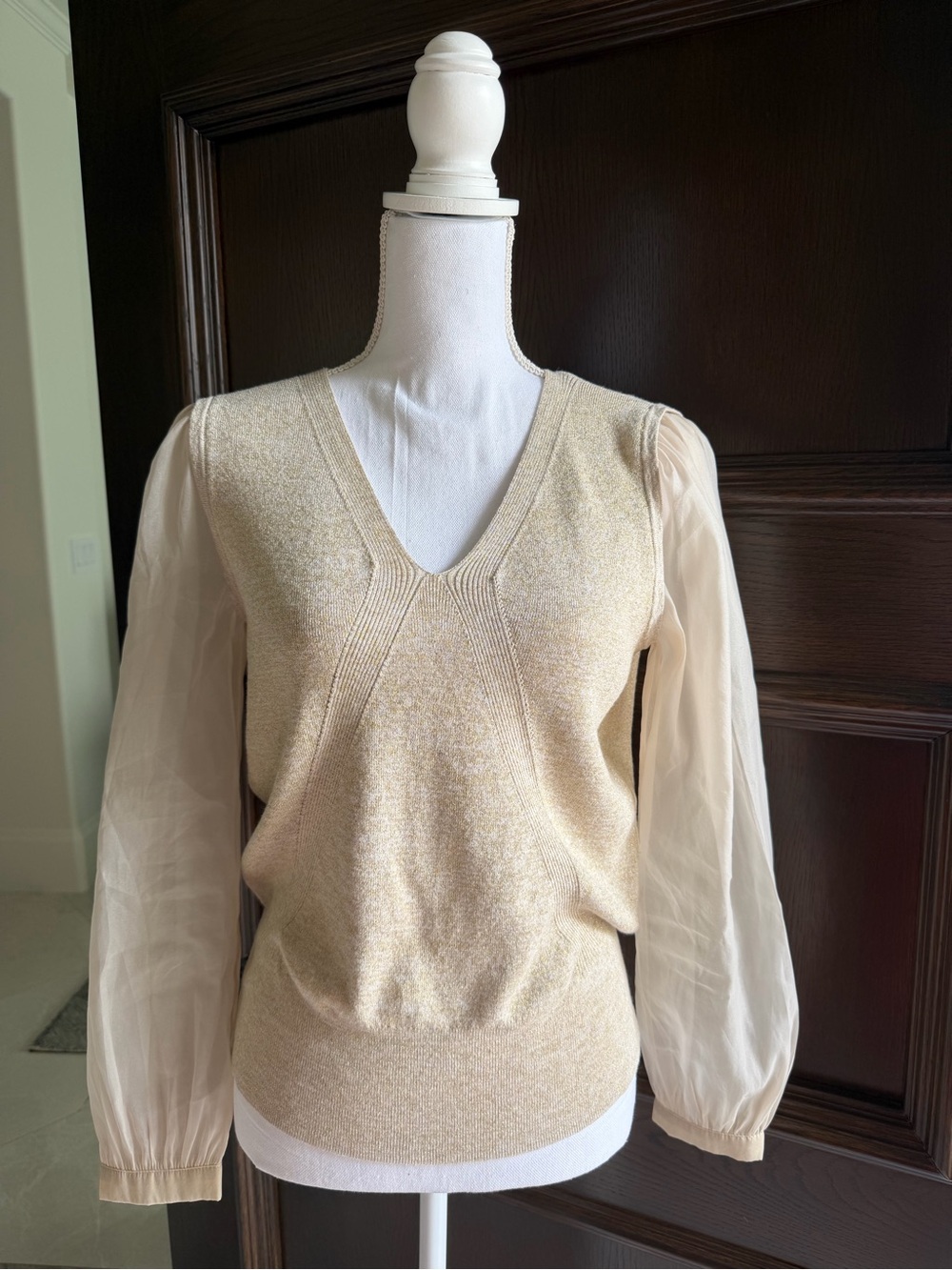 Talbots V-Neck Knit Metallic Gold Sparkle Sweater with Sheer Sleeves Size S